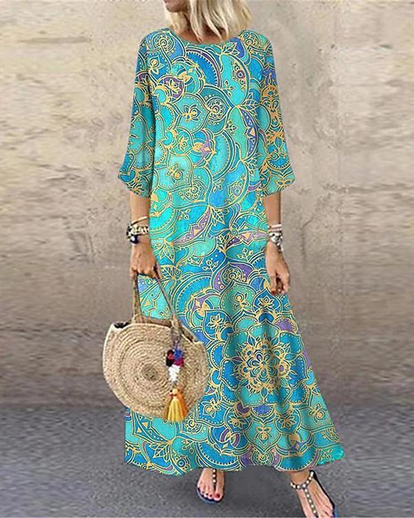 Women's Shift Dress Maxi long Dress 3/4 Length Sleeve Tribal Print Dress