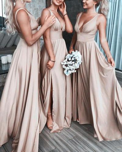 Elegant Solid Color V Neck Bridesmaids Dress
