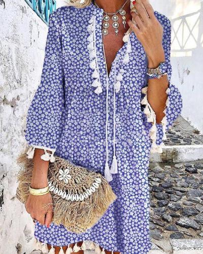 Floral Printed Casual Tassel  V Neck Dresses