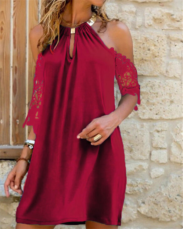 Lace Solid Cold Shoulder Sleeve Shift Above Knee Casual Vacation Dresses