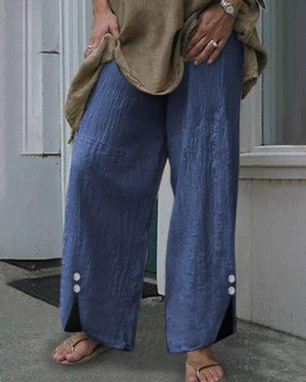 Women Plus Size Elastic Waist Button Decor Linen Cotton Pants