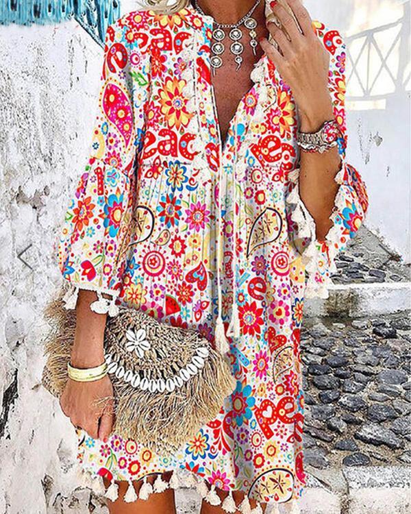 Floral Printed Casual Tassel  V Neck Dress Vacaton Dress