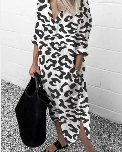 Women's Leopard Printed Long-Sleeved Dress Long Dress