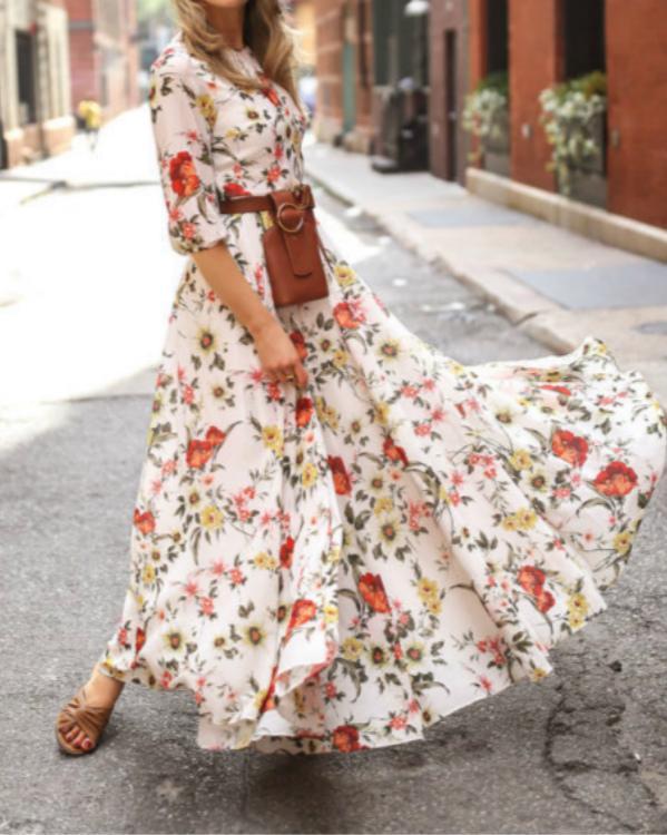 Elegant Floral Print Half Sleeve Maxi Dresses