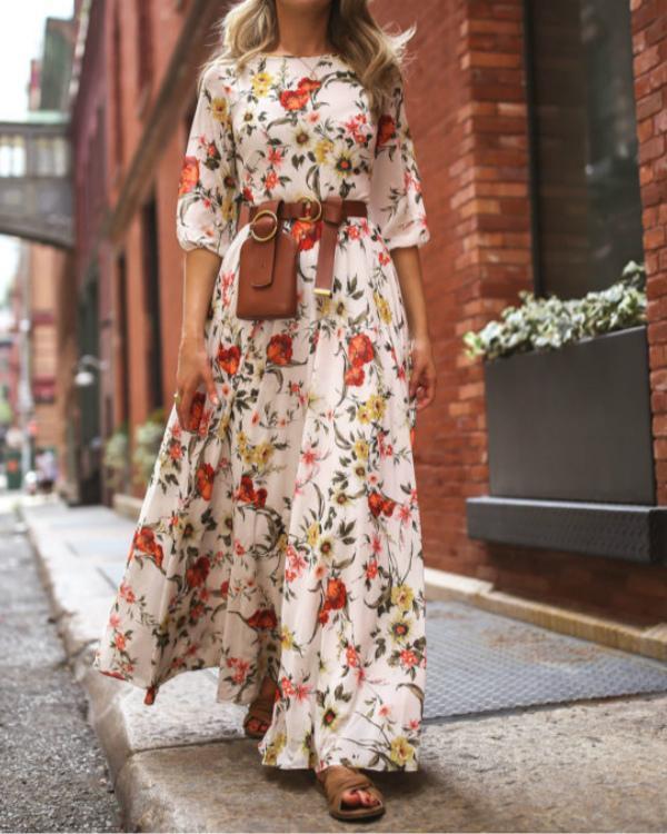 Elegant Floral Print Half Sleeve Maxi Dresses