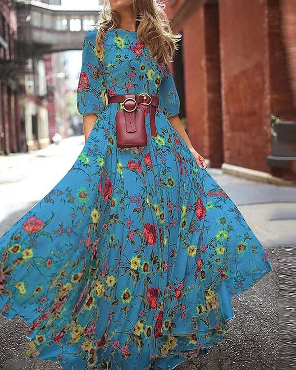 Elegant Floral Print Half Sleeve Maxi Dresses