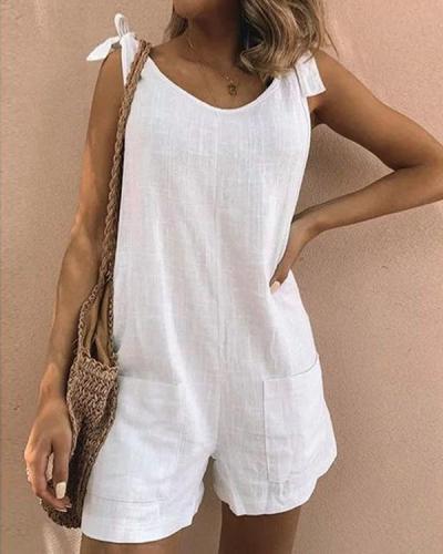 Pockets Sleeveless Casual Linen Rompers