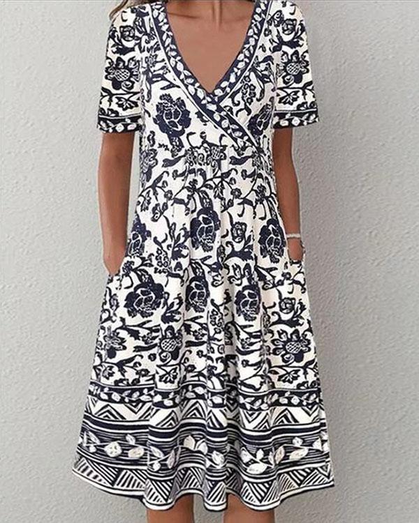 Plus Size Short Sleeve A-line Vintage Multiflora Dresses