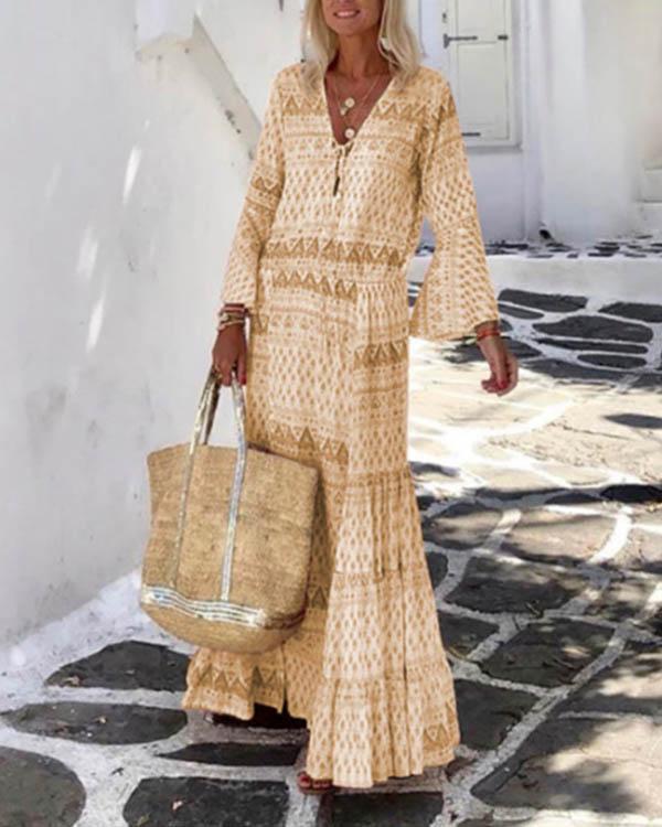 Bohemian Holiday Ruffle Printed Flare Sleeve Lace up Maxi Dress