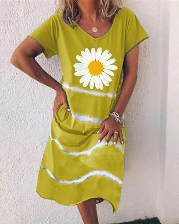 US$ 27.89 - Women Flower Stripe V Neck Short Sleeve Midi Dress - www ...