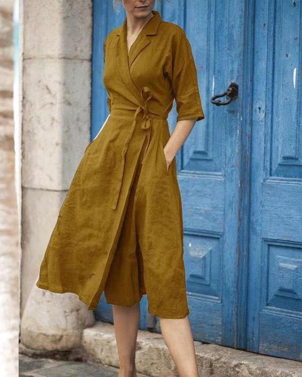 Elegant Solid Turndown Collar Linen Lace up Wrap Dresses