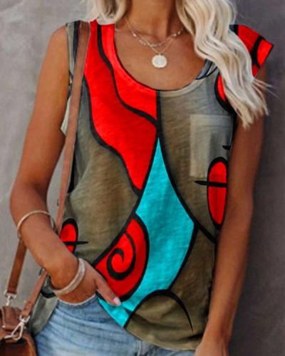 Crew Neck Abstract Face Print Sleeveless T-shirt