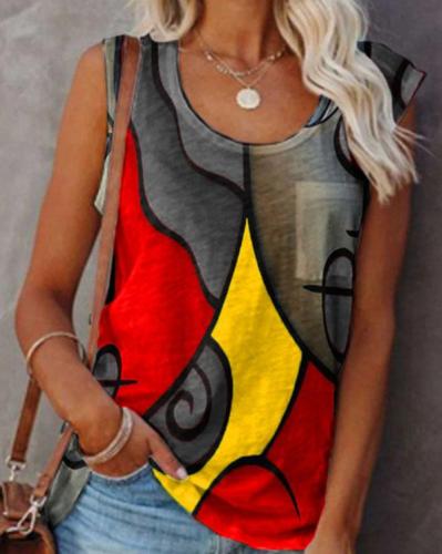 Crew Neck Abstract Face Print Sleeveless T-shirt