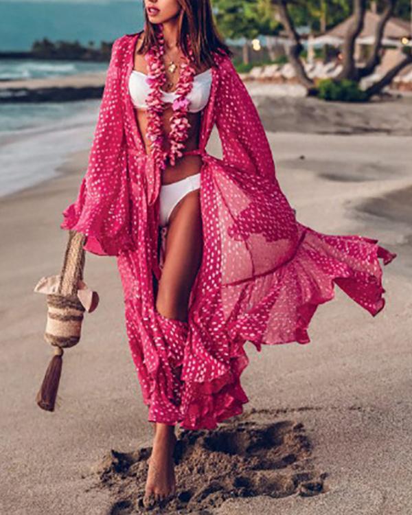 Women's Polka Dot Print Loose Kimono Cardigan Capes Beach Cover Up