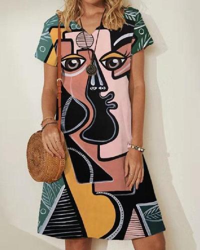 Personalized Short Sleeve Abstract Face Print V-Neck Mini Dress