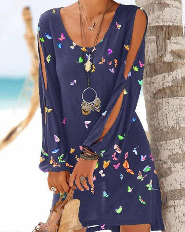 Butterfly Print Cold Shoulder Long Sleeve Casual Vacation Dresses
