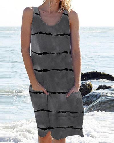 Women Stripe Pockets Casual Mini Dress