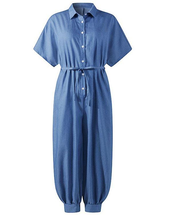 Solid Color Pocket Belted Shirt Jumpsuit