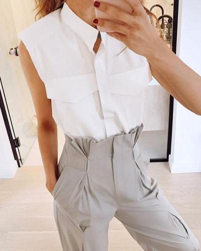 Women's Cotton Stand Collar Sleeveless Pocket Summer Shirts Tops