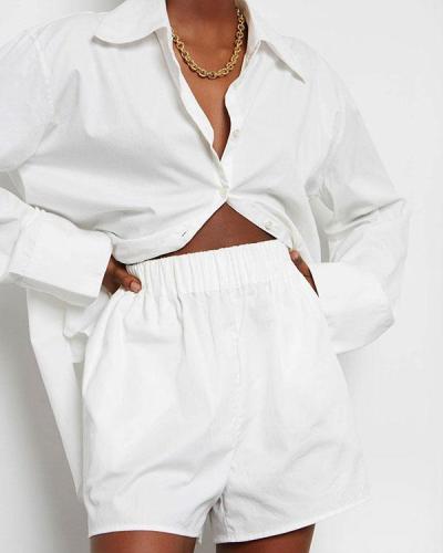 Solid Cotton Casual Comfy Shirt&Shorts Set