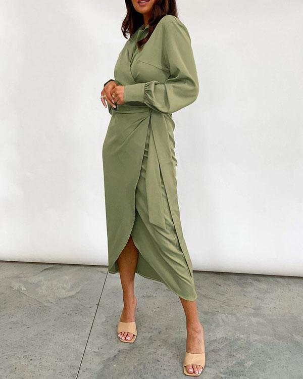 Women's Long Sleeve Wrap Lace up Midi Dress