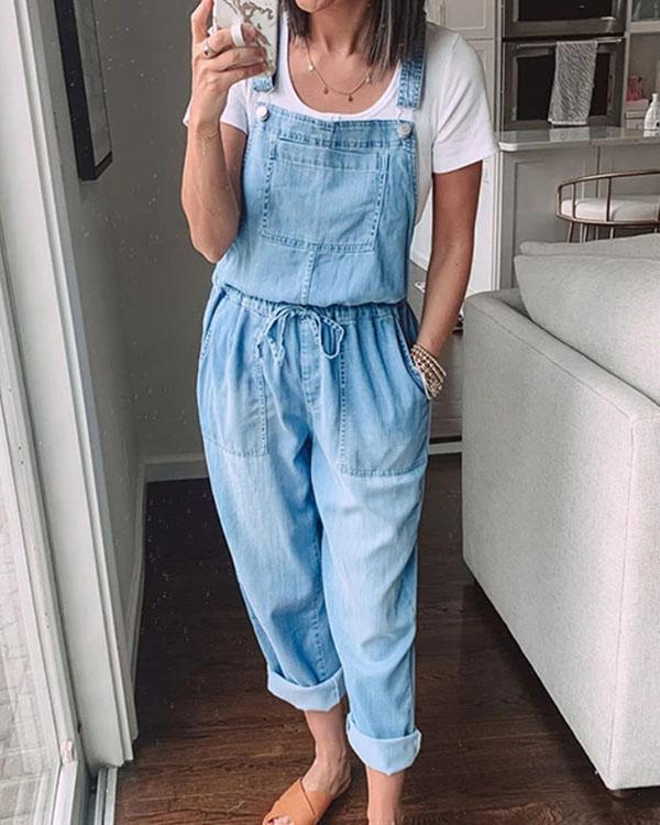 Womens Casual Denim Drawstring Waist Pockets Jumpsuit