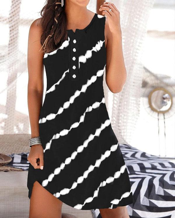 Stripe Printing Buttons Sleeveless Dress