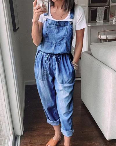 Womens Casual Denim Drawstring Waist Pockets Jumpsuit