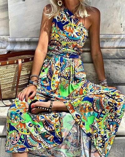 Printing One Shoulder Sleeveless Bohemian Long Dress