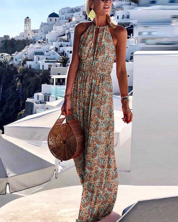 Printing Sleeveless Halter Neck Bohemian Vacation Dress