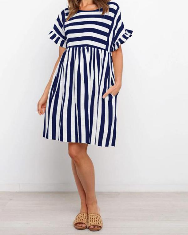 Fashion Round Neck Ruffle Sleeve Stripe Dress