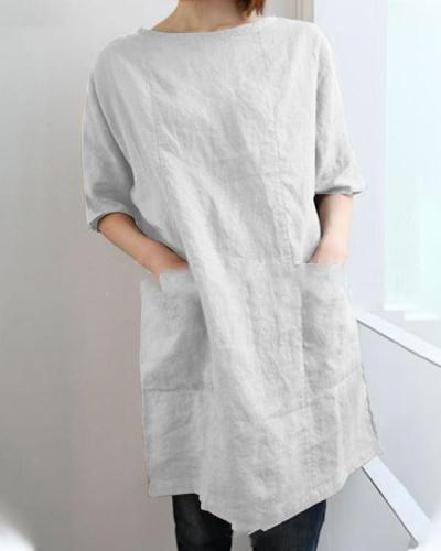 Plus Size Solid Half Sleeve Crew Neck Pocket Linen Dress