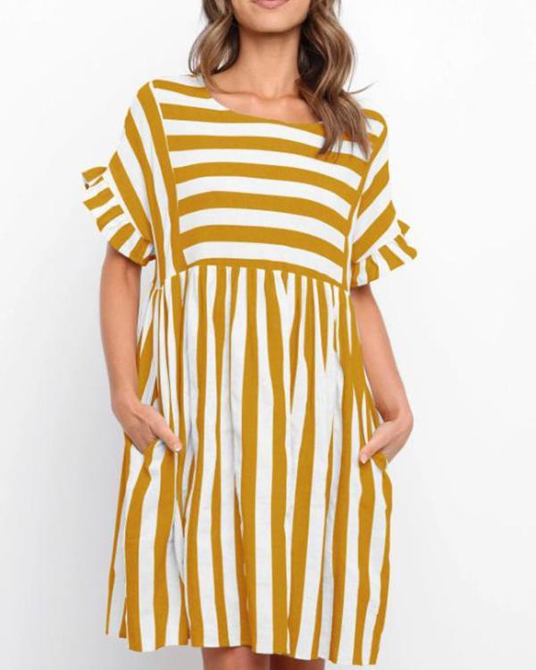 Fashion Round Neck Ruffle Sleeve Stripe Dress