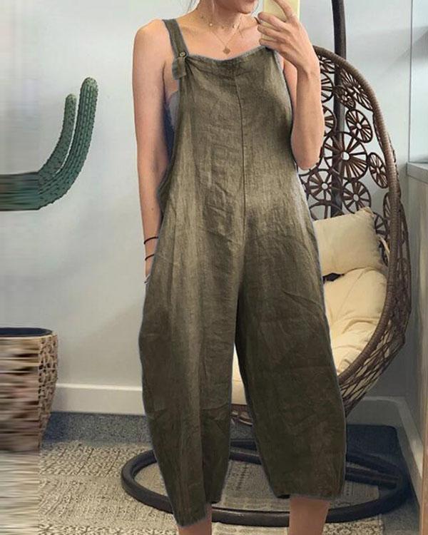 Plus Size Linen Solid Women Jumpsuits With Pockets