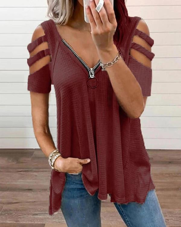 Women's Solid Color V-neck Hollow Sleeve Zipper Short-sleeved Tops