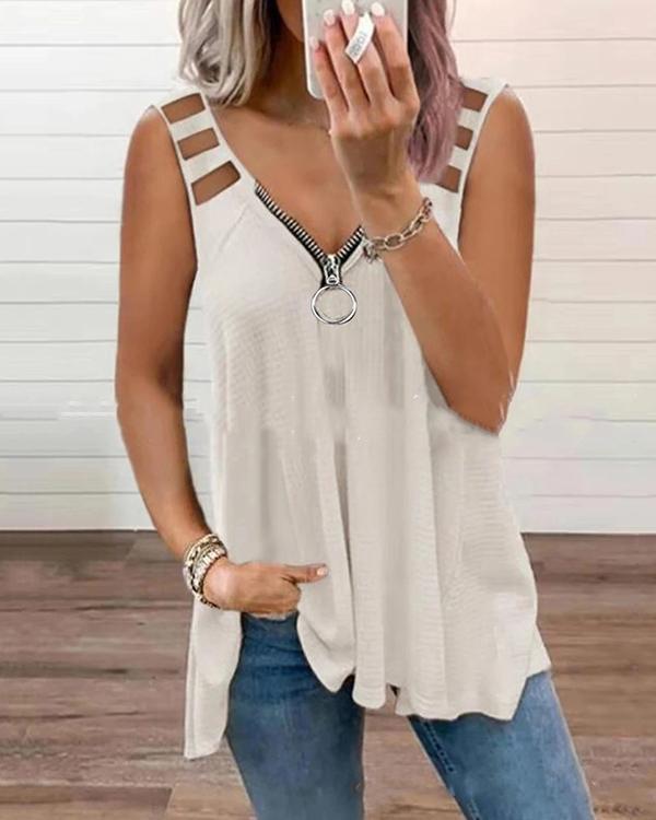 Sexy Solid V Neck Hollow Strap Zipper Tank&Vest Tops