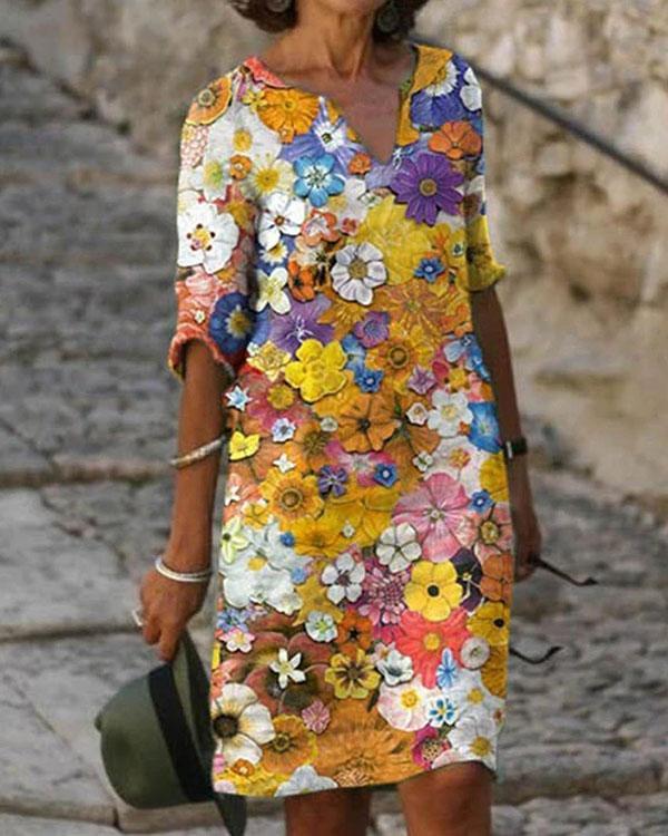 Casual Floral Tunic V-Neckline Half Sleeve Shift Dress