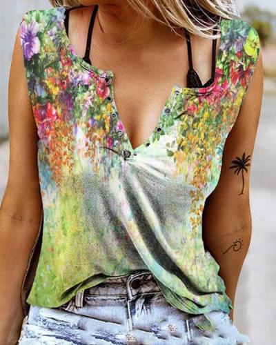 Colorful Flower Print V Neck Tank&Vest Tops
