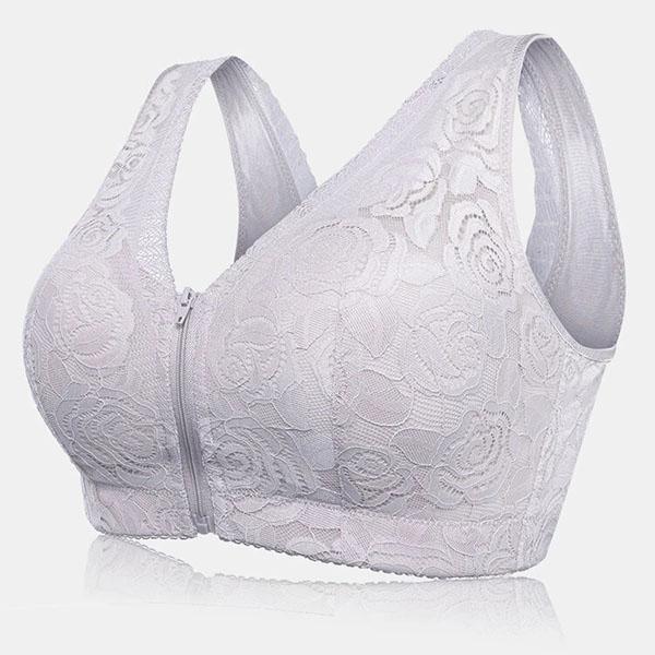 Wireless Rose Lace Zip Front Soft Gather Breathable Cotton Lining Wide Shoulder Straps Sleep Bras