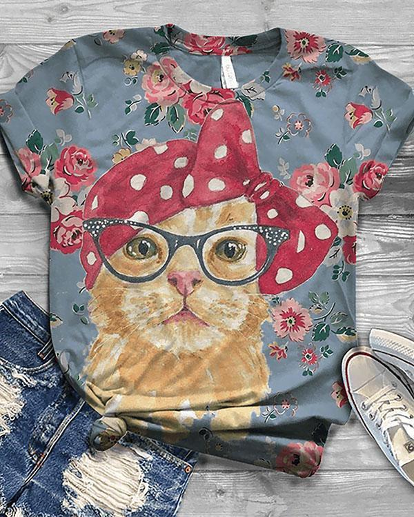 Women's Cute Cat Animal Printed Short Sleeve T-shirt