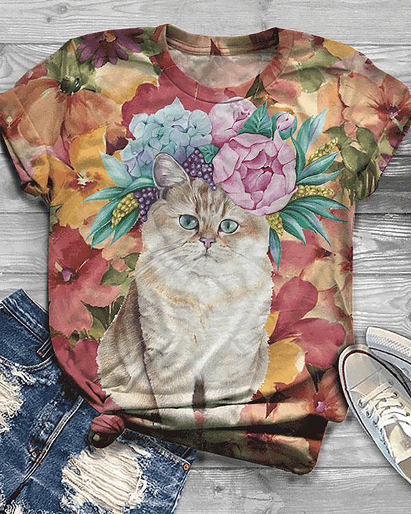 Women's Cute Cat Animal Printed Short Sleeve T-shirt