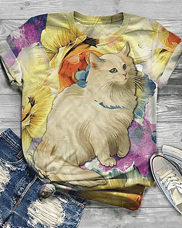 Cute Cat Animal Printed Short Sleeve T-shirt