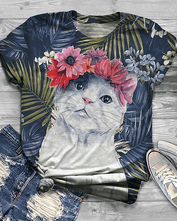 Women's Cute Cat Animal Printed Short Sleeve T-shirt