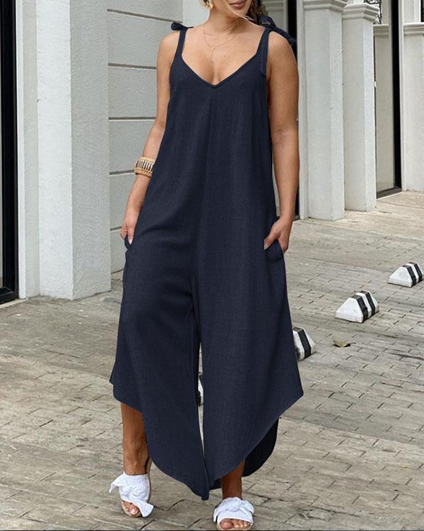 Women Sleeveless Playsuit Wide Leg Asymmetrical Bib Cargo Pants Pockets Tank Jumpsuit