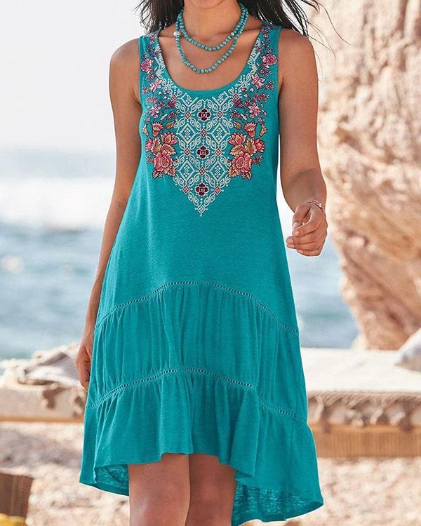 Embroidered Sleeveless Big Swing Vest Dress