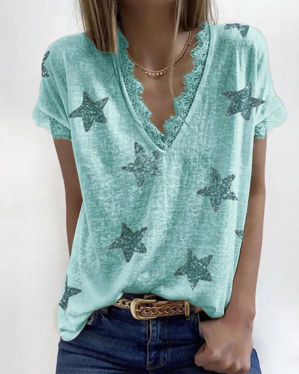 Womens Short Sleeve Lace Trim Star Print Tee Shirts