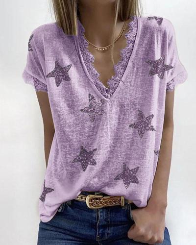 Womens Short Sleeve Lace Trim Star Print Tee Shirts