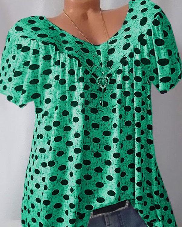 Plus Size Polka Dot Short Sleeve V Neck Blouses for Women