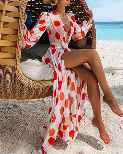 Spring Summer Long Sleeve Lace up Polka Dot Maxi Dress Beach Cardigan