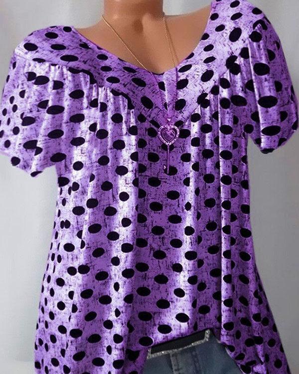 Plus Size Polka Dot Short Sleeve V Neck Blouses for Women